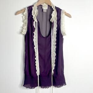 Vintage Y2K 90s Sheer Lace Trim Top Purple Fairycore Coquette Sleeveless Size M
